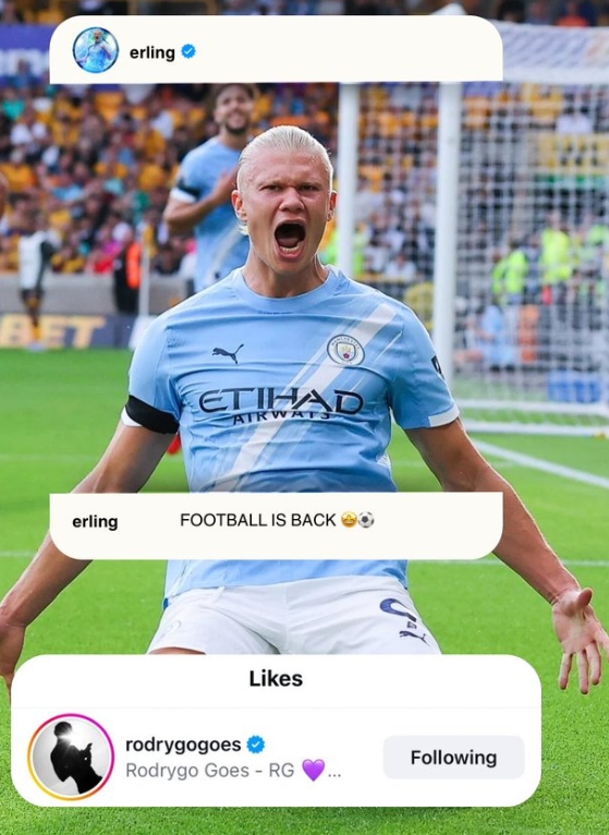 开云智能体验-哈兰德更新社媒庆祝英超开门红，罗德里戈点赞